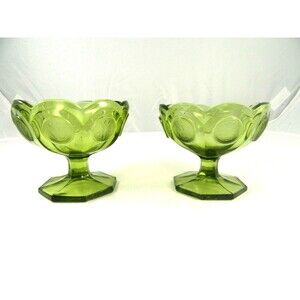 Fostoria olive green coin dot glass pedestal dish bowl set of 2 vintage MCM
